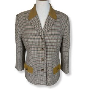 Classic Houndstooth Blazer with Tan Accents – Size 14 (Runs Small)